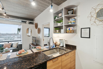 Kitchen with view of the living space